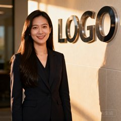 某头部电商平台技术副总裁李芳的职业形象照，长发披肩，背景是公司LOGO墙。